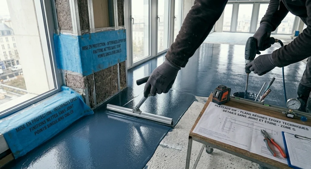 Application technique d'une résine époxy industrielle sur un sol de showroom en Île-de-France, montrant la préparation et les finitions sans joints.