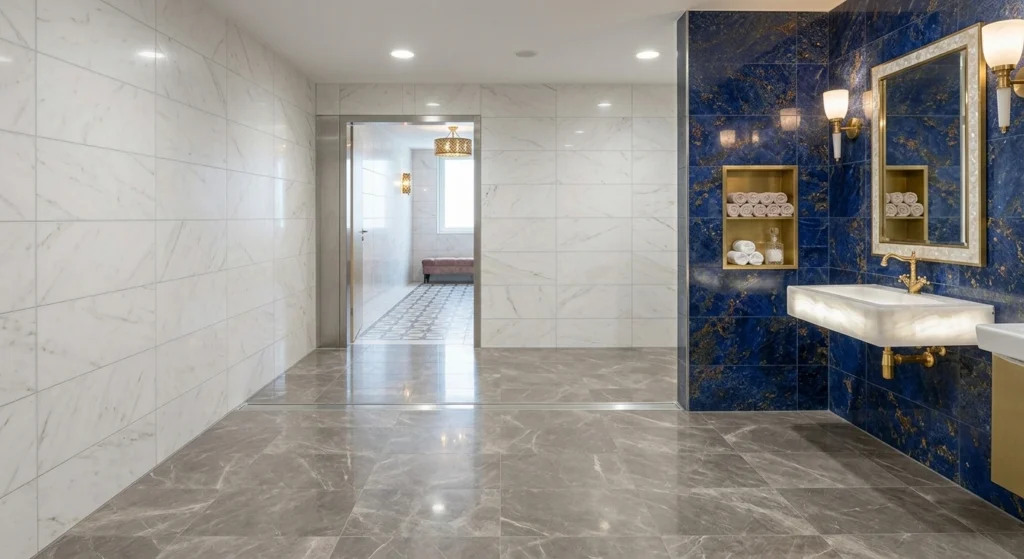 Salle d'eau luxueuse avec faïence effet marbre bleu et blanc, robinetterie dorée et finitions soignées.