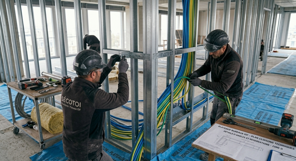 Pose de cloisons techniques renforcées en laine de verre (laine minérale) sur un plateau de bureaux en Île-de-France, avec intégration des fourreaux et isolation.