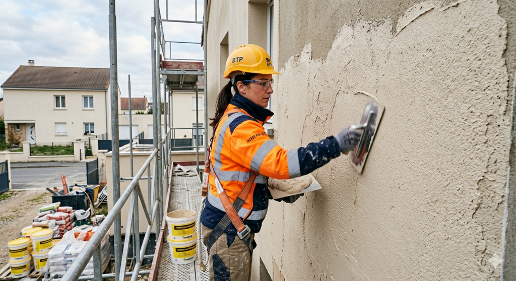 Artisan appliquant de l'enduit de façade, pour ravalement de façade