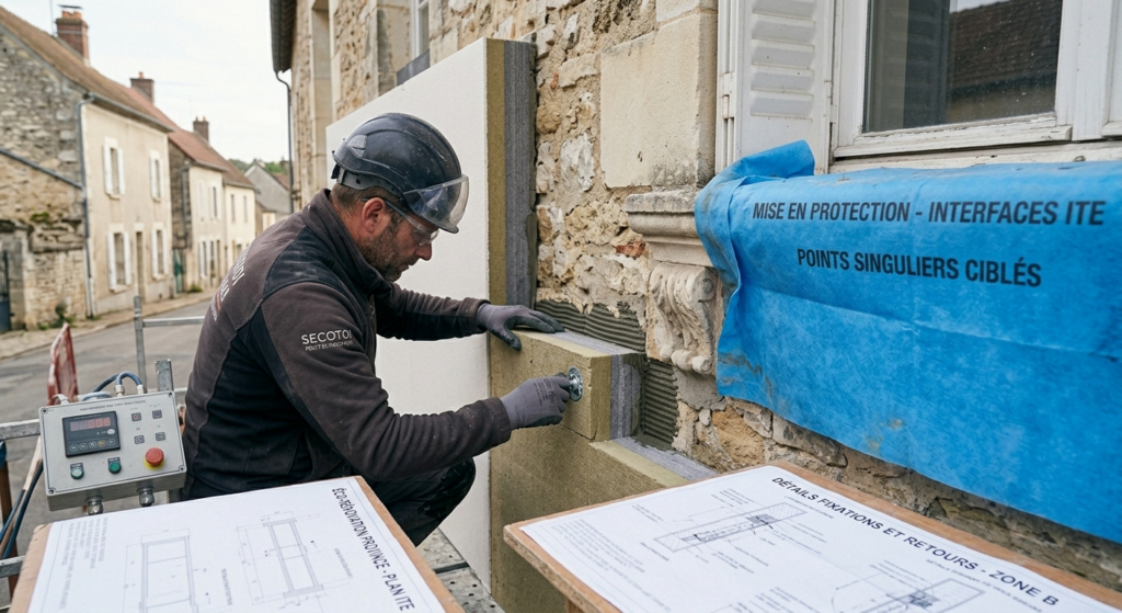 Pose de panneaux isolants ITE sur une façade en rénovation en Île-de-France, avec focus sur les fixations et le traitement des points singuliers.