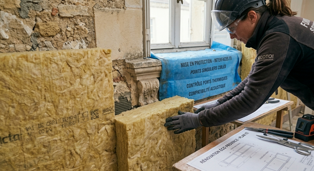 Pose de panneaux isolants en laine de verre pour une isolation thermique par l'intérieur (ITI) dans un bâtiment en rénovation en Île-de-France.