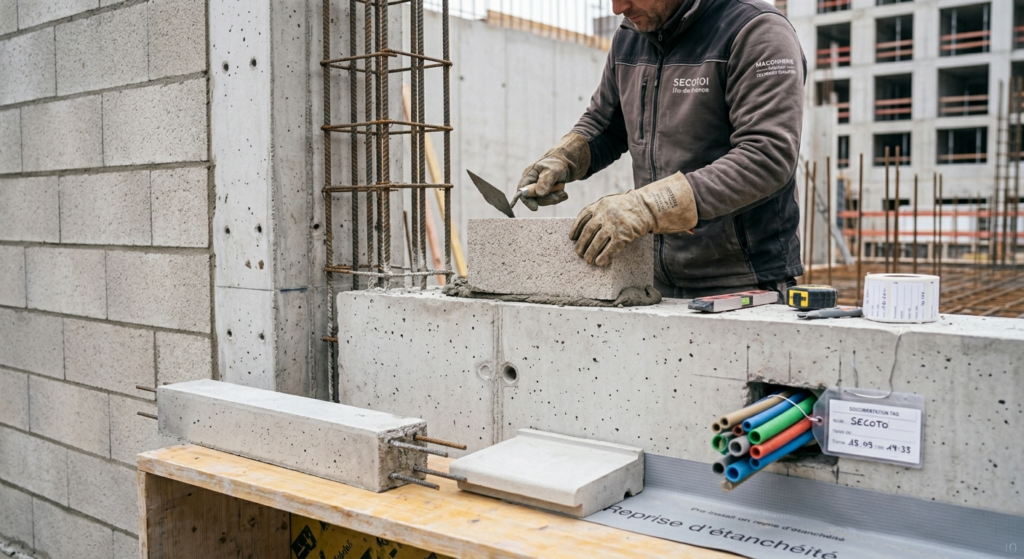 Maçon sur un chantier en Île-de-France réalisant une reprise de maçonnerie avec intégration de passages de réseaux et béton armé.