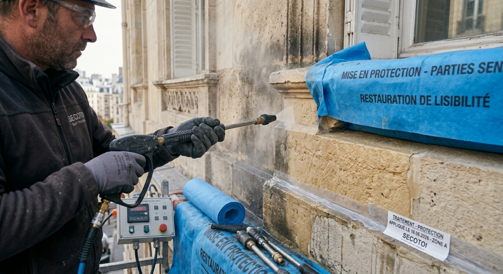 Artisan réalisant le nettoyage haute pression d'une façade en pierre de taille avec mise en protection des parties sensibles en Île-de-France. Pour ravalement de façade
