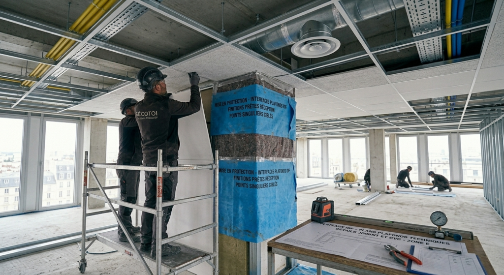 Installation d'un faux plafond technique sur un plateau de bureaux en Île-de-France, montrant l'intégration des réseaux CVC et du traitement acoustique