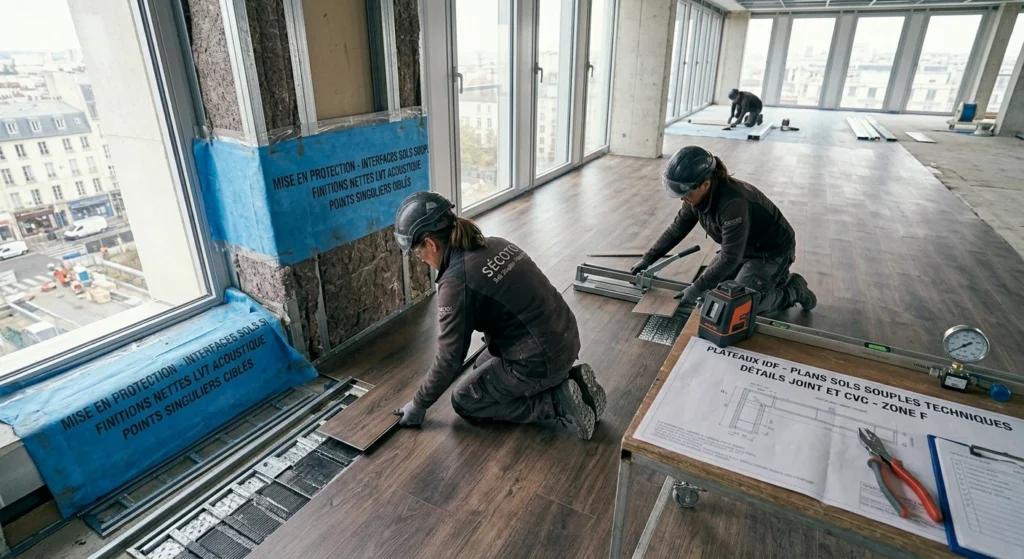 Pose de dalles LVT acoustiques (lames plombantes) pour l'aménagement de bureaux en Île-de-France, montrant l'intégration technique et les finitions.