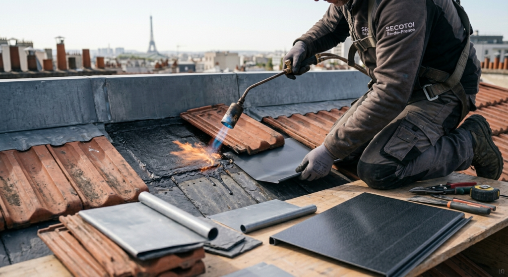 Gros plan sur la réfection d'une toiture à Paris avec pose de tuiles et étanchéité au chalumeau.