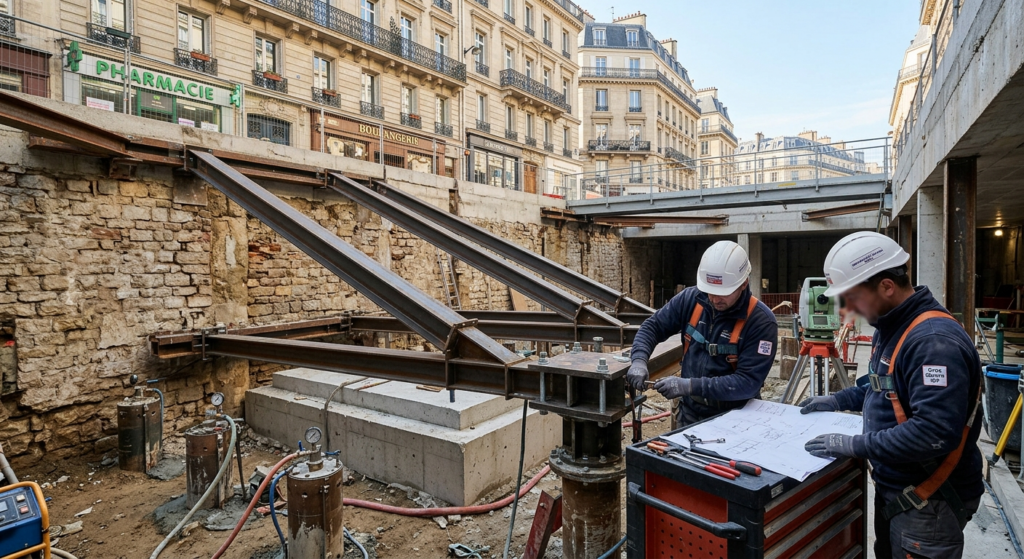 Travaux de reprise en sous-œuvre et étaiement métallique sur un chantier à Paris avec ingénieurs examinant les plans.
