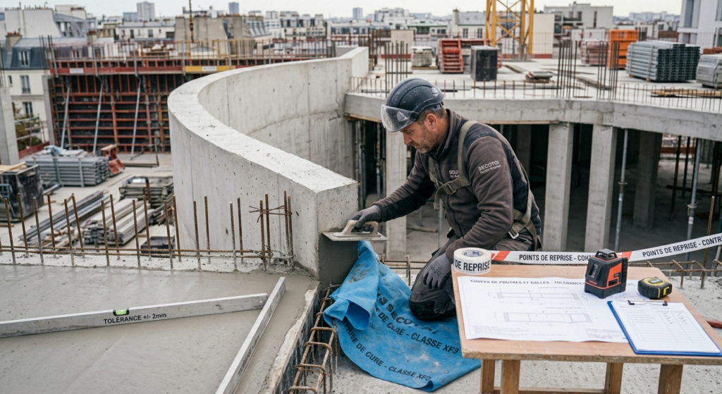 Maçon réalisant les finitions sur une structure en béton armé (dalle et voile courbe) avec contrôle des tolérances sur un chantier en Île-de-France.
