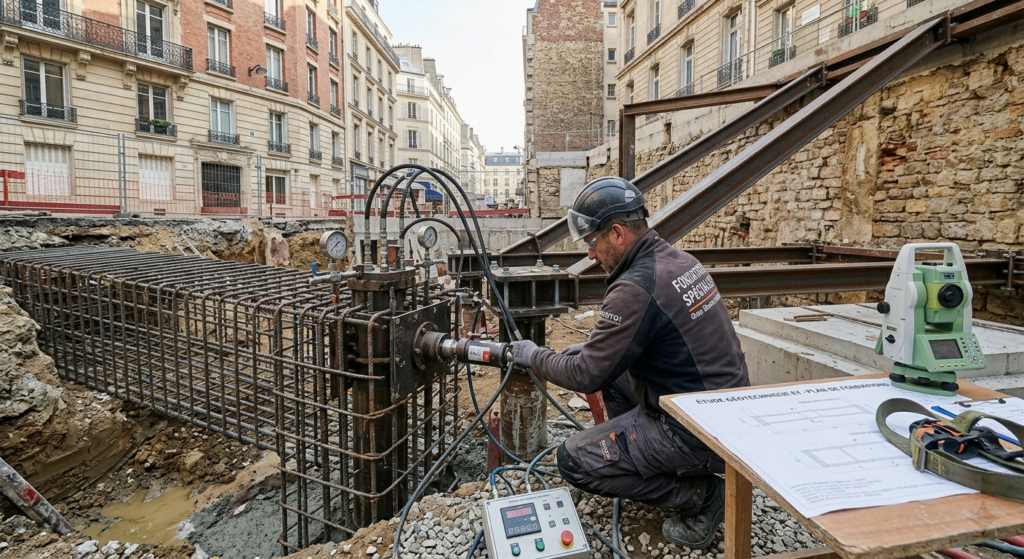 Réalisation de fondations profondes et micropieux sur un chantier urbain en Île-de-France avec contrôle géotechnique.
