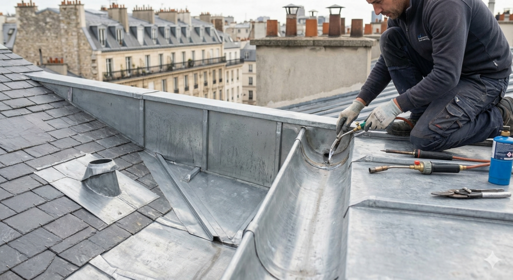 Artisan zingueur réalisant la pose et la soudure d'un chéneau en zinc sur une toiture à Paris.